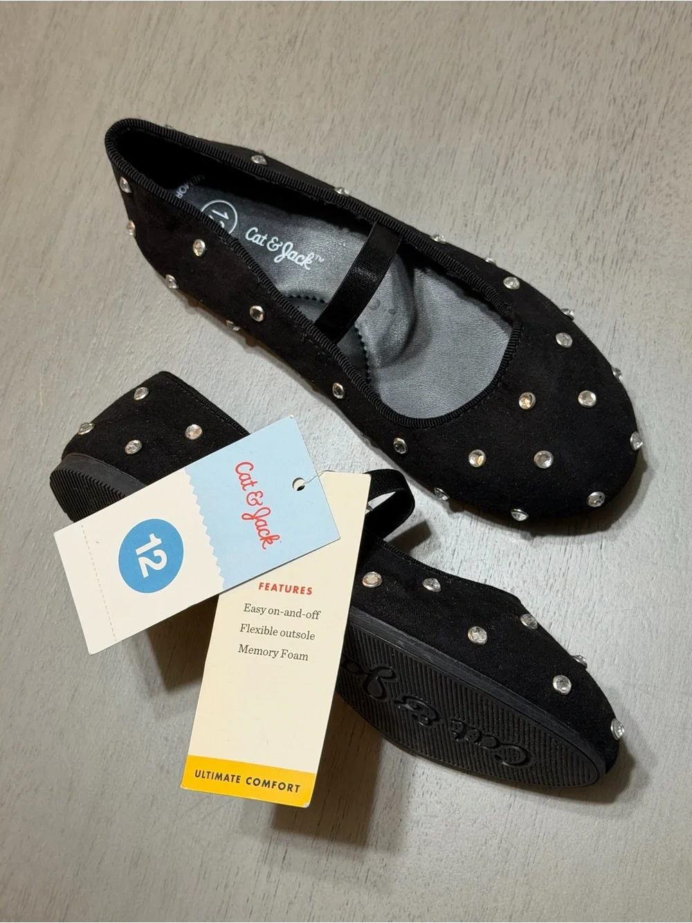 Cat & Jack Black Mary Jane Flats with Studded Rhinestones 12 Toddler